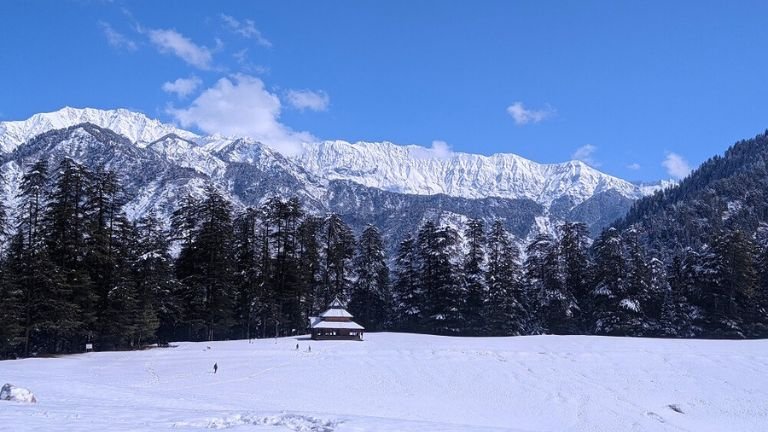 Shangarh meadows Himachal Pradesh – lush green valley with snow-capped Himalayan peaks
